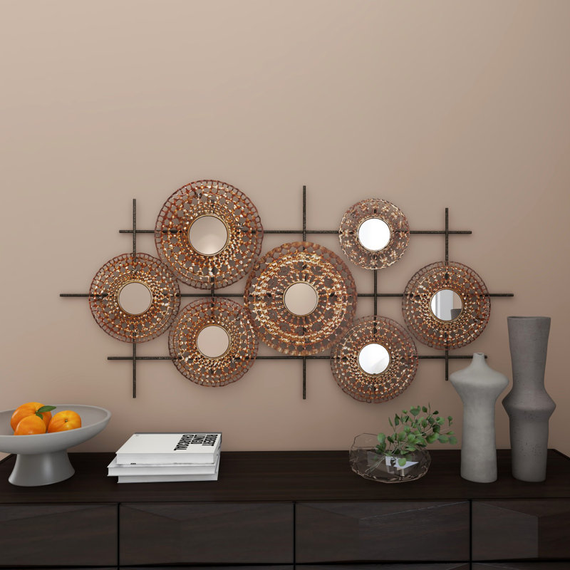 Metal Plate Brown Wall Decor with Round Mirrored Accents