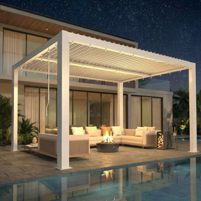 12' x 24' Louvered Pergola with Adjustable Waterproof Roof, Aluminum Outdoor Gazebo with Curtains for Patio, Deck & Hot Tub, White