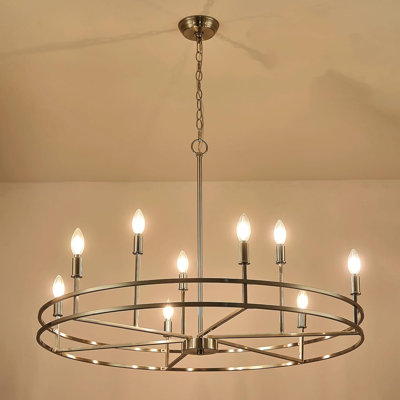 Luminaire de style lustre moderne 9 lumières avec finition en nickel brossé, chaîne réglable pour le salon, la salle à manger, le vestibule et l'entrée, 35 po de conception ronde en métal