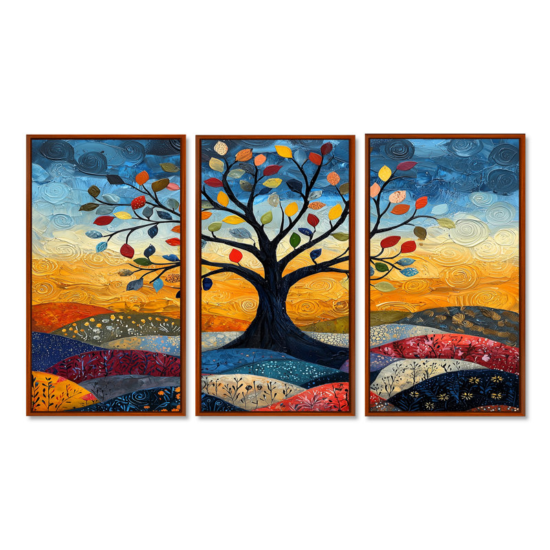 Ensemble d'art mural orange arbre de vie II - Arbre de vie orange, Toile avec cadre flottant brun, H 32 po x l 48 po x P 1 po