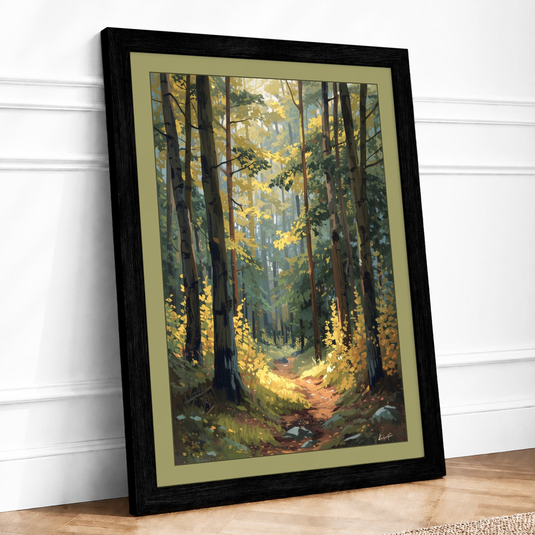Sunlit Forest Path Scandinavian - Framed Print