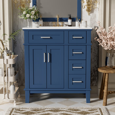 Bathroom Vanity with Ceramic Sink, Modern Storage Cabinet with Soft-Close Doors, Deep Drawer & Standard Drawer, Stylish Bath Vanity for Small Bathrooms