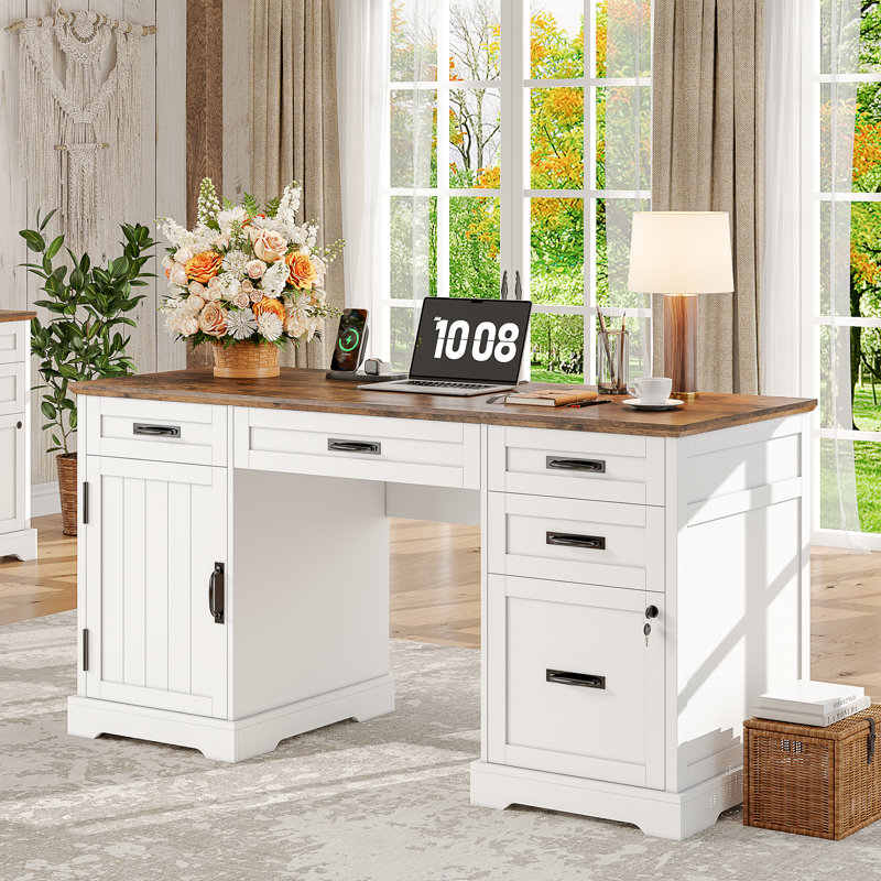 Clabe 55'' Farmhouse Executive Desk with Drawers, File Cabinet and Power Outlets, Rustic Brown/White