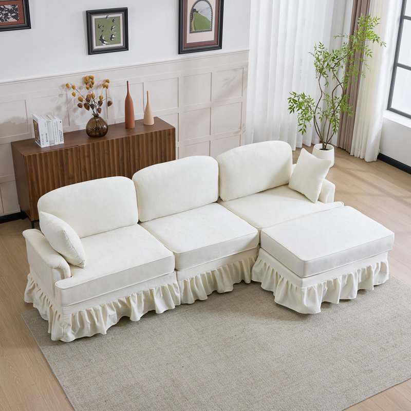 Canapé modulaire moderne avec jupe à volants amovible, chenille, repose-pieds, en forme de L, Blanc