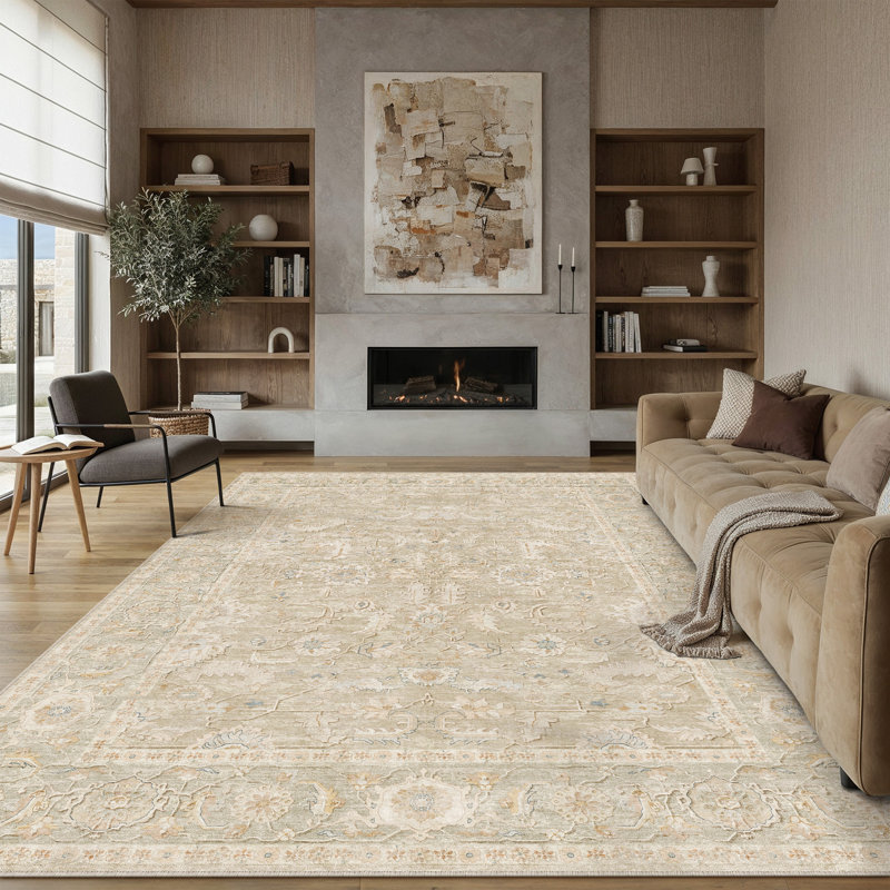 Aurea Vintage Distressed Oriental Washable Area Rug With Non-Slip Backing, Beige, Rectangle 9' x 12'