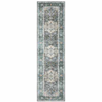 Tapis oriental antidérapant bleu / ivoire lavable à la machine Housel