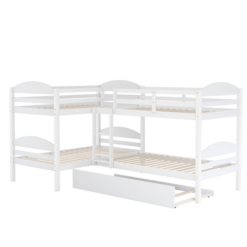 Lit superposé en L avec lit gigogne pour plusieurs personnes - Lit mezzanine en bois massif, Blanc