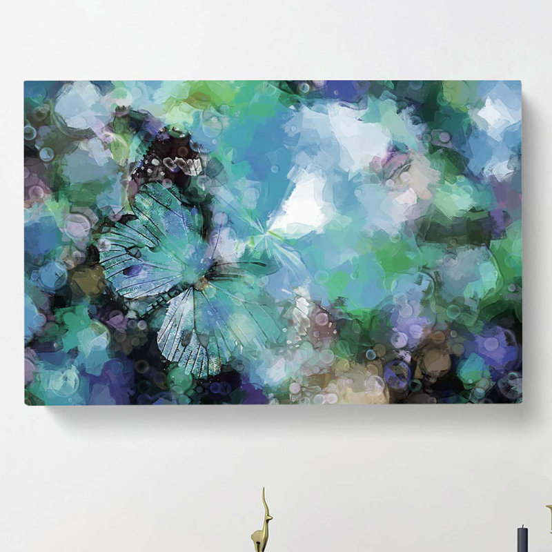 Butterfly Upon A Flower In Blue In Abstract - Wrapped Canvas Painting, 60cm H x 91cm W x 3cm D