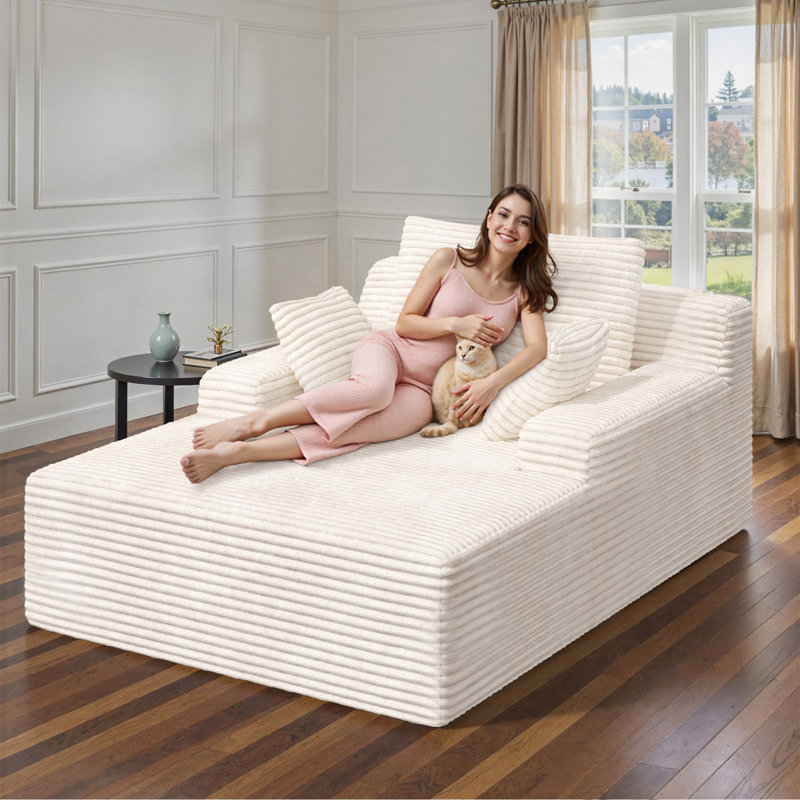 Surdimensionné 51 po Méridienne d'intérieur en velours côtelé avec 2 coussins pour la lecture du salon - beige