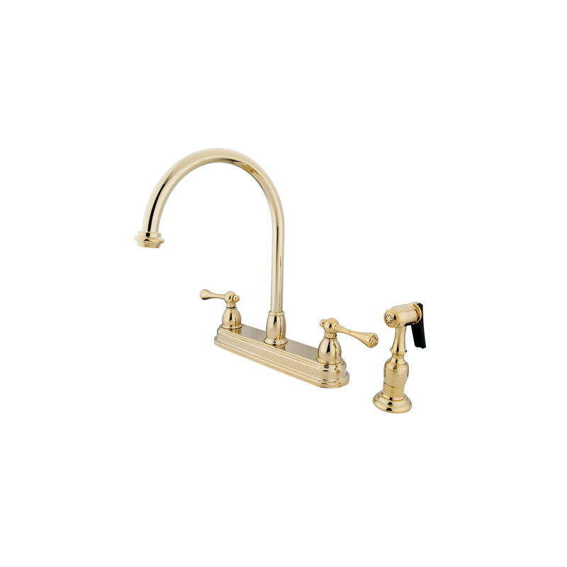 Kingston Brass Vintage Two-Handle 4-Hole 8" Centerset Kitchen Faucet with Side Sprayer, Polished Brass, Lever