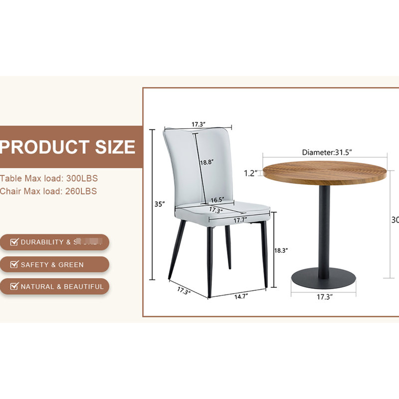 Table de salle à manger à texture de moulage par aspiration et 2 chaises ergonomiques en PU gris pour les dîners formels