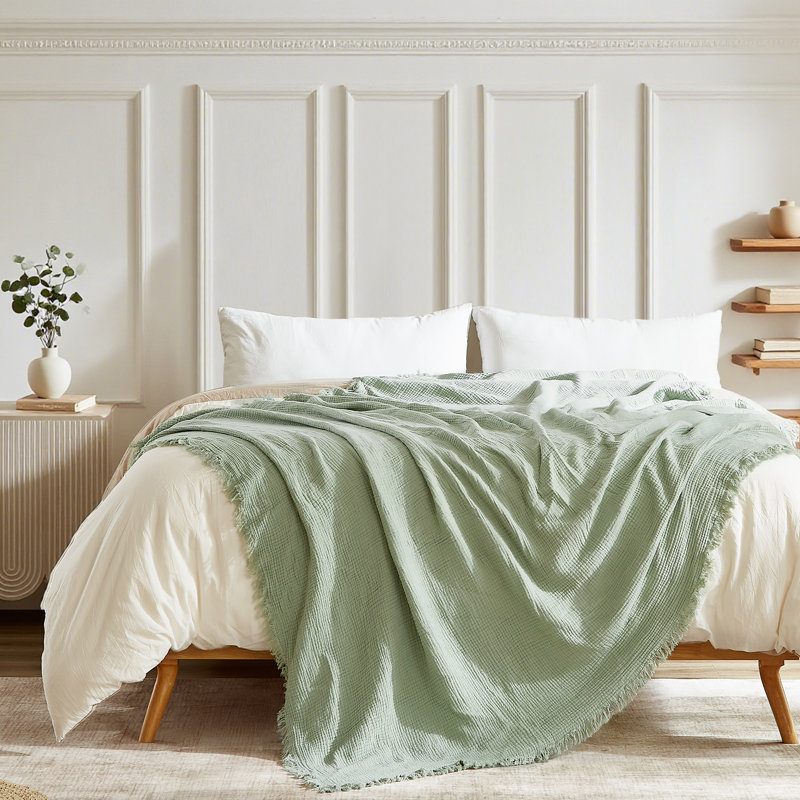 Jeté 100% coton mousseline - 4 couches de gaze tissée avec frange, couverture douce, légère et respirante pour le lit, le canapé ou le voyage