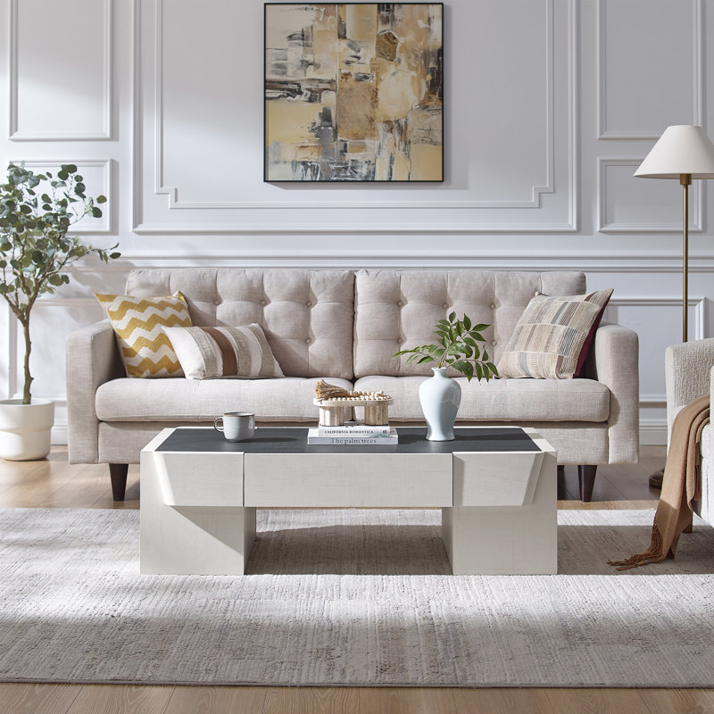 48''W Coffee Table with Storage Drawer, Square Wood Coffee Table for Living Room, White