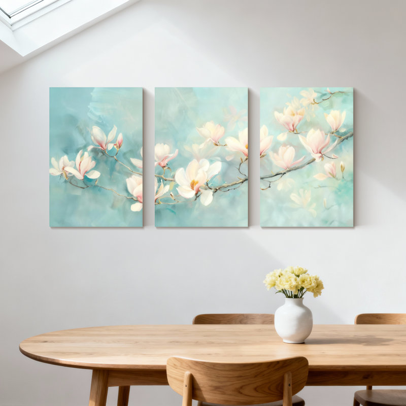 Magnolia fleurs de magnolia sur fond bleu pâle, ensemble de 3 impressions d'art sur toile, H 18 po x l 36 po