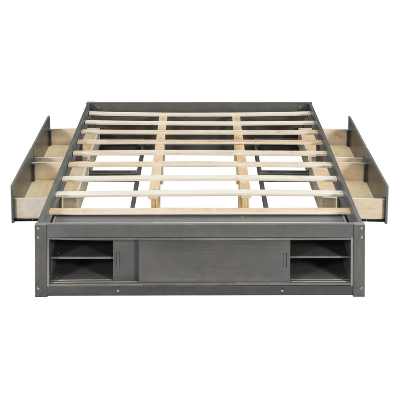 Queen Size Platform Bed Frame with 4 Storage Drawers & Footboard Storage Cubby, No Headboard, Modern Space-Saving, Gray, Gray