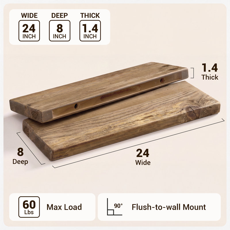 Tablette flottante murale en bois de pin récupéré rustique 2 pièces, 1.4“ H x 24” W x 8" D, Natural