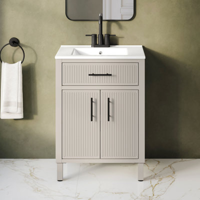 Carissa 24 in. Single Sink Freestanding Bathroom Vanity in Creamy White, White Ceramic Top, Matte Black Hardware