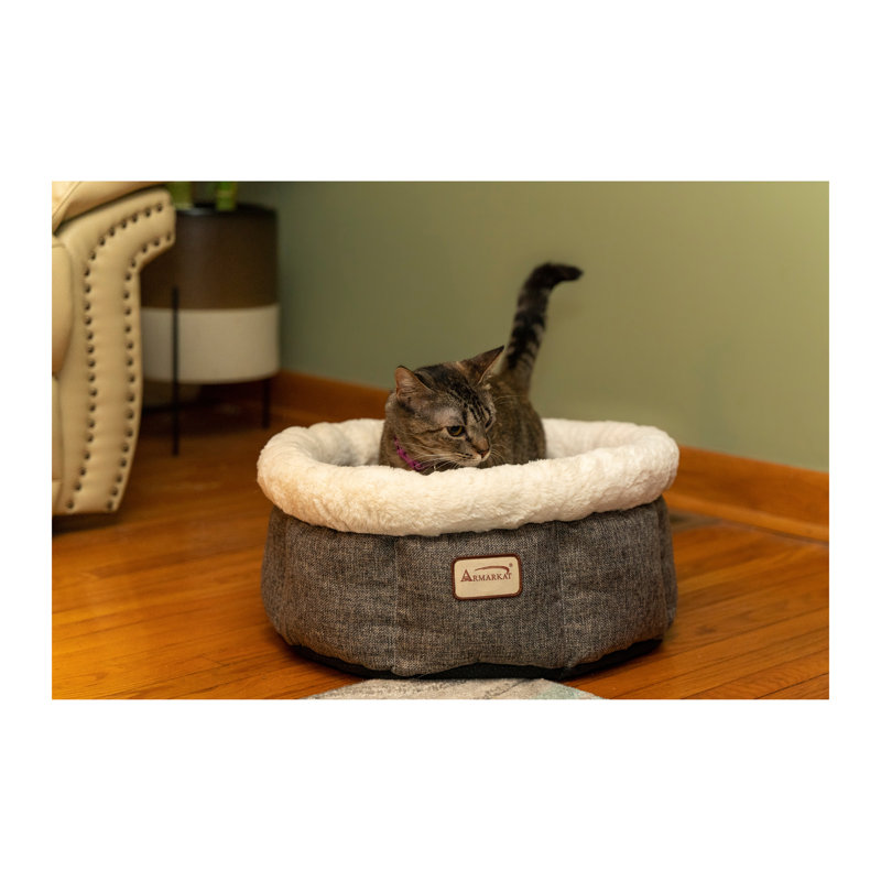 Gray and Beige Round Plush Velvet Cat Bed