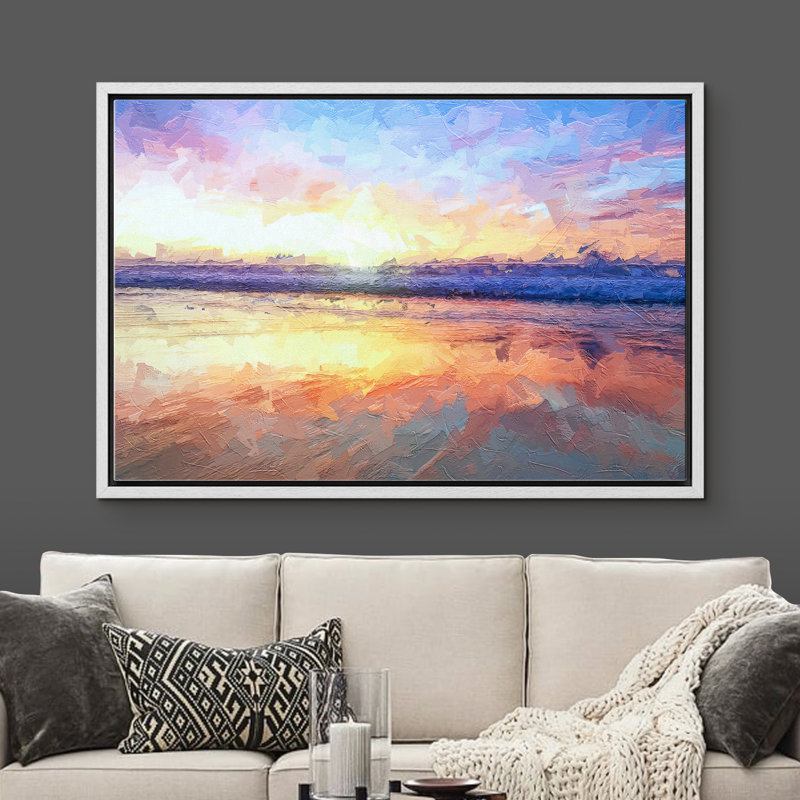 Coucher de soleil sur la plage au bord de l'océan - reproduction, Cadre blanc, H 16 po x l 24 po x P 1,5 po