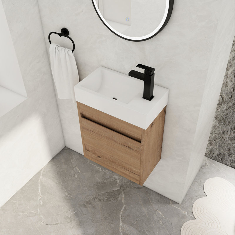 Meuble-lavabo mural de 18 po avec lavabo en résine et porte à fermeture en douceur, style moderne, imitation chêne 18 po, lavabo, Allure, rangement spacieux, couleur