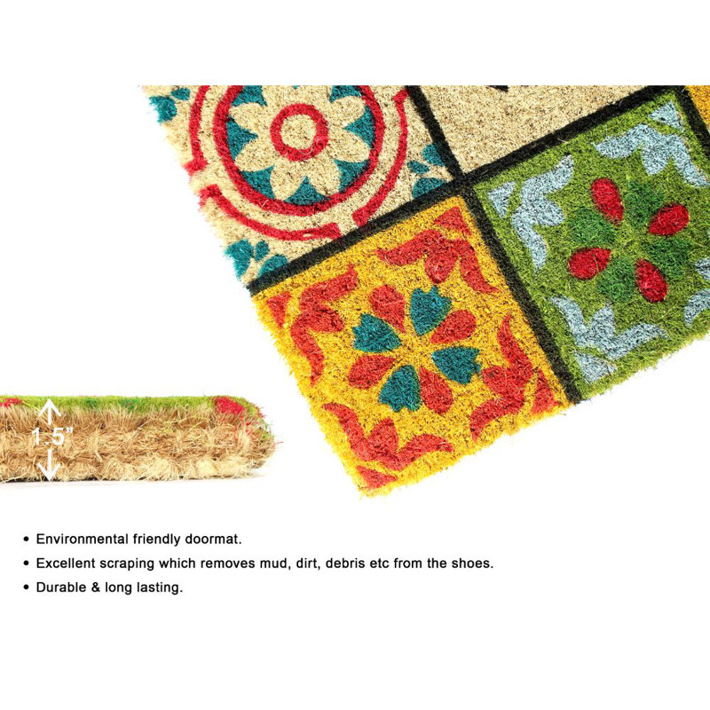 Colorful Coir Outdoor Welcome Doormat with Folk Tile Design