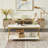 Kempst Coffee Table with Storage Shelf, Rustic Farmhouse White Cocktail Table with Gold Metal Frame, 2-Tier Wood and Metal Frame Accent Table for Living Room, Apartment, or Small Spaces-1508161453
