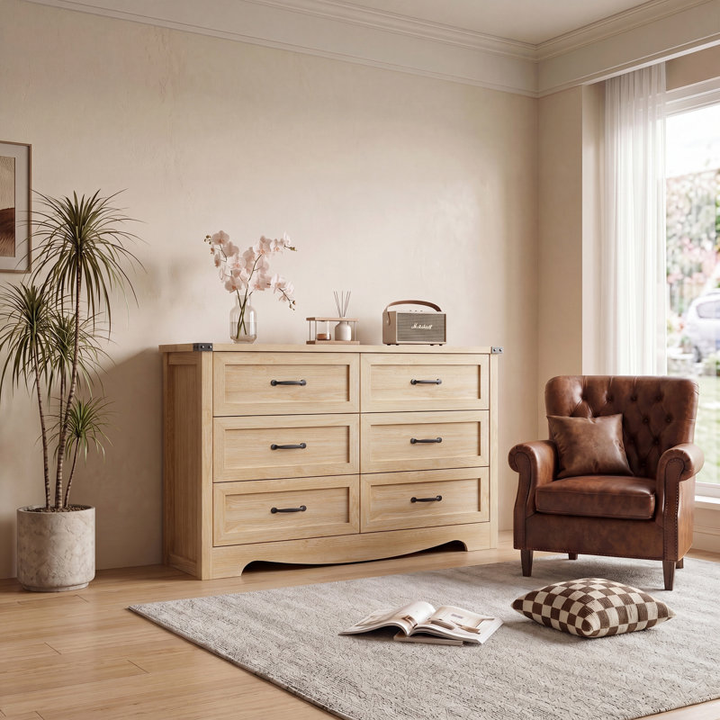 Extra-Wide 6-Drawer Dresser with Reinforced Frame, MDF Storage with Metal Handles & Anti-Tip for Bedroom Living Room Hallway