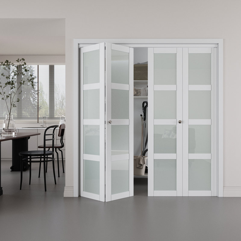 Double 4-Lite Glass Door Solid Manufactured Wood Double Bi-Fold Doors with Installation Hardware Kit, 72" x 80" 