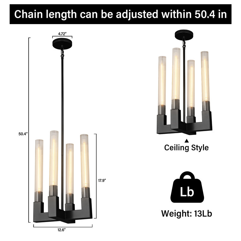 Lustre 4 lumières avec abat-jour en verre, Noir mat