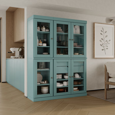 100% Solid Wood 48.5" Pantry China Cabinet with Clear Glass Doors, 2-Drawers and Adjustable Shelves