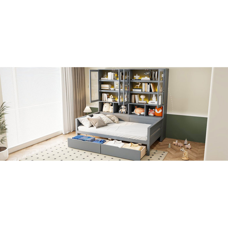 Lit de jour simple moderne avec armoire à porte en verre et ambiance à DEL, lumières de rangement spacieuses en bois gris