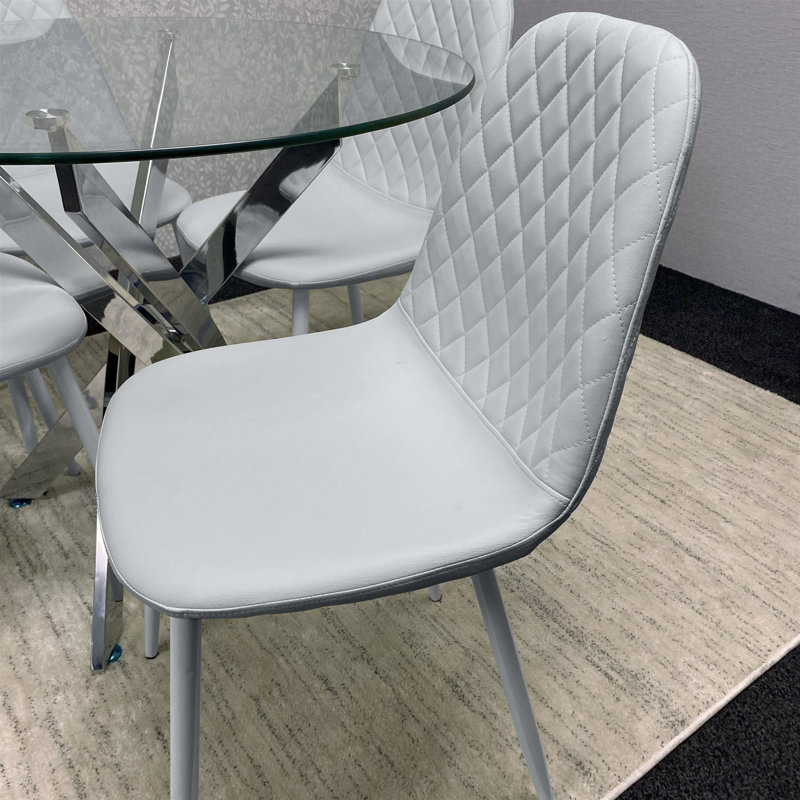 Maya Round Glass Dining Table with 4 Gem Chairs Chrome Finish, Grey