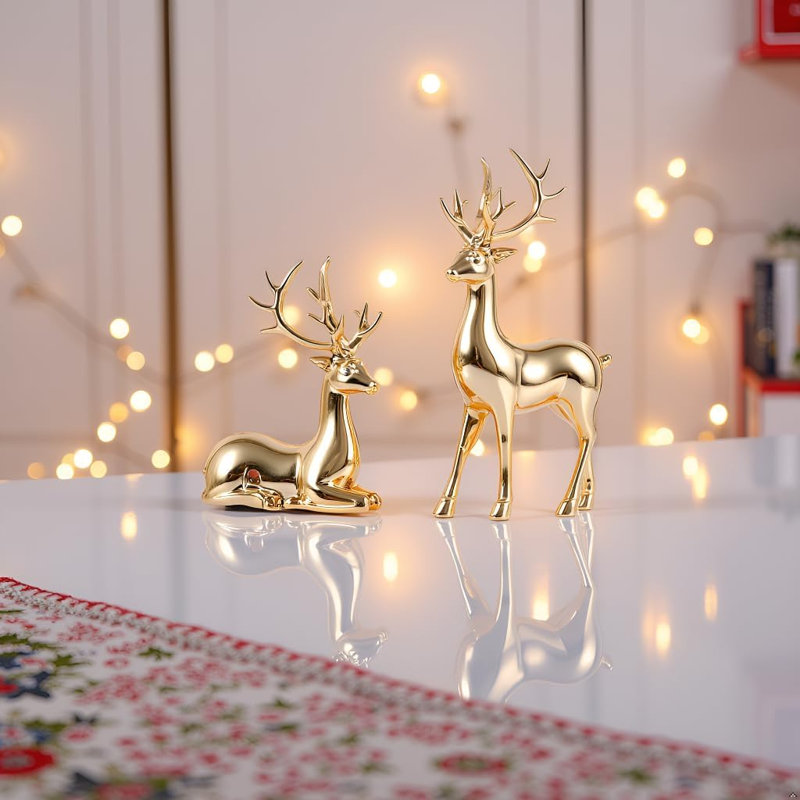 2Pcs Gold Reindeer Christmas Decor Set - Deer Figurine for Table & Home Decor, Golden Table Decor & Deer Decor (Gold)