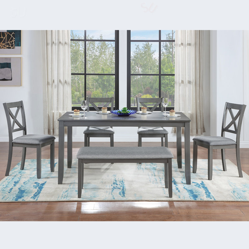 Ensemble de table de salle à manger 6 pièces, table rectangulaire en bois avec 4 chaises rembourrées et un banc, idéal pour les repas en famille et les rassemblements