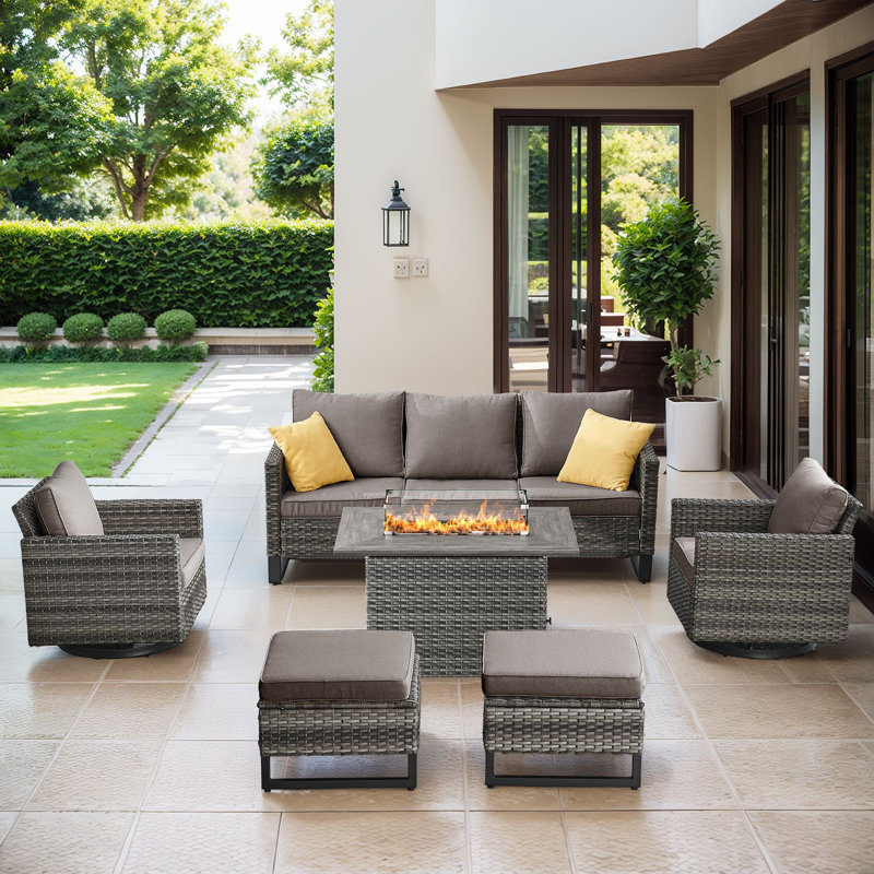Ensemble de canapé d'extérieur 6 pièces Gymojoy, ensemble de mobilier de patio en osier avec table de foyer, osier en PE toutes saisons