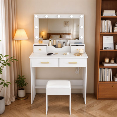 Meuble-lavabo blanc avec 9 ampoules Hollywood, grand miroir, 4 tiroirs et tabouret, prise de courant et support pour sèche-cheveux