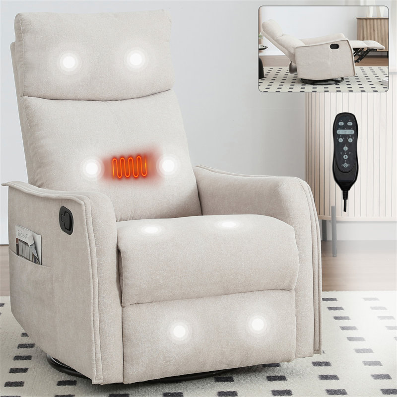 Heat Massage Manual Recliner Chair With Rocker And Swivel In Fabric For Living Room, Beige