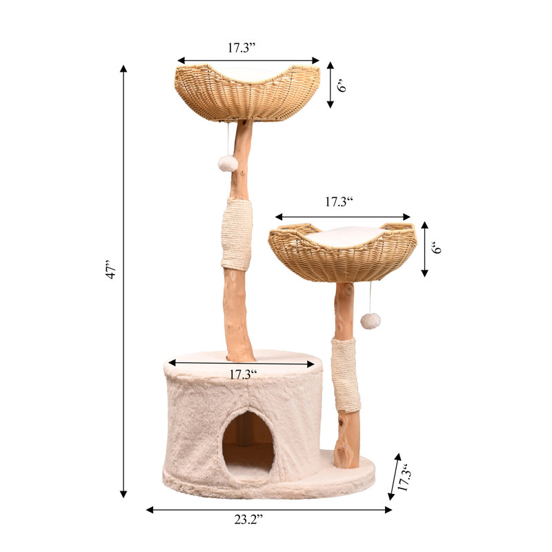 Natural Wood and Sisal Freestanding Cat Tree with Plush Condo