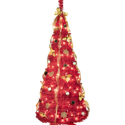 6ft Red Christmas Tree With Pop-up Design, 150 Warm White Led Lights, Includes Ribbons, , Flowers, Snowflakes, Pine & Balls, Ideal For Secondary Room Decor Tree, Space And Easy To Collapse Storage