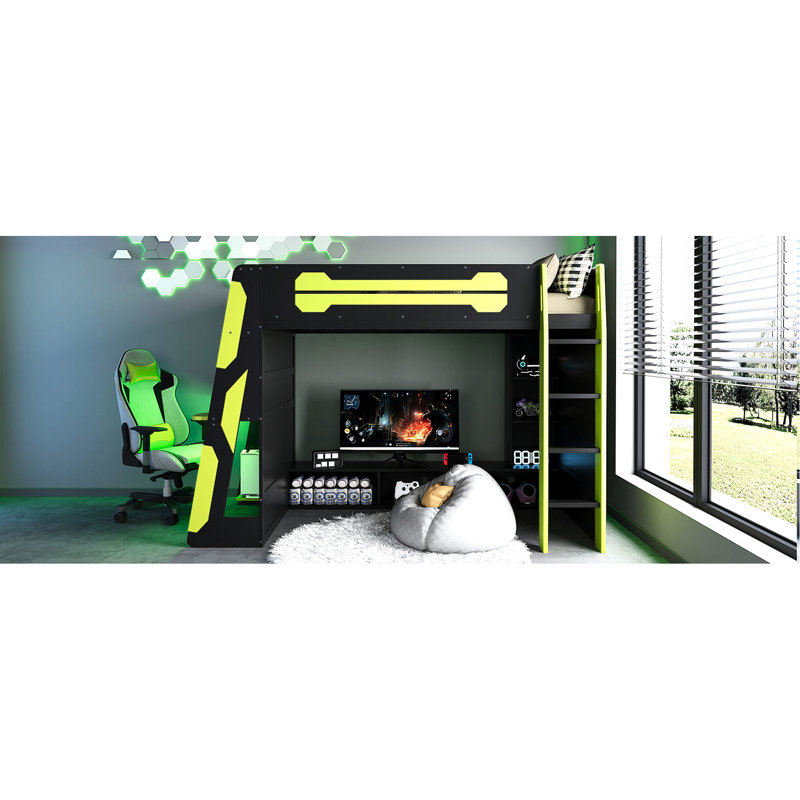 Lit mezzanine simple avec tablettes intégrées, bureau et multi-rangements, thème pour jouer au travail, console de jeu sous la console, espace de jeu en douceur