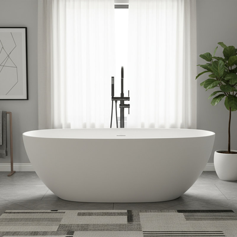 63" Stone Resin Freestanding Bathtub, Elegant Oval Stand Alone Soaking Tubs, Solid Surface Bathtub With Drain & Integrated Slotted Overflow Matte White
