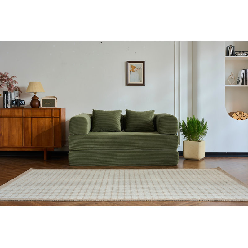 Boneless Sleeper Sofa Bed Convertible Compression Couch Bed Corduroy Floor Couch With 2 Pillows, Green