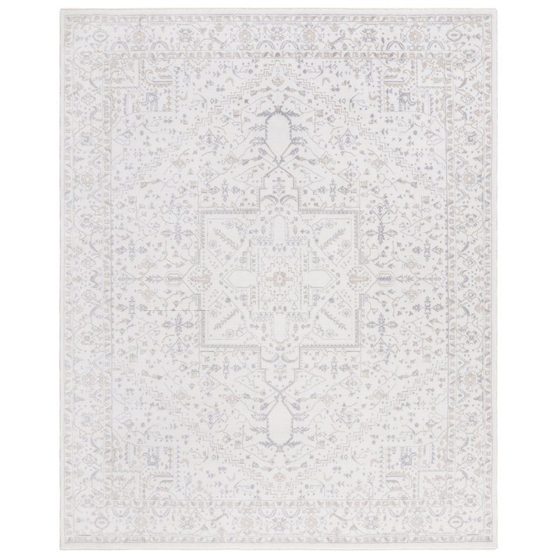 Tapis oriental gris en polyester / ivoire tissé à la machine, Rectangle de 5 pi x 8 pi
