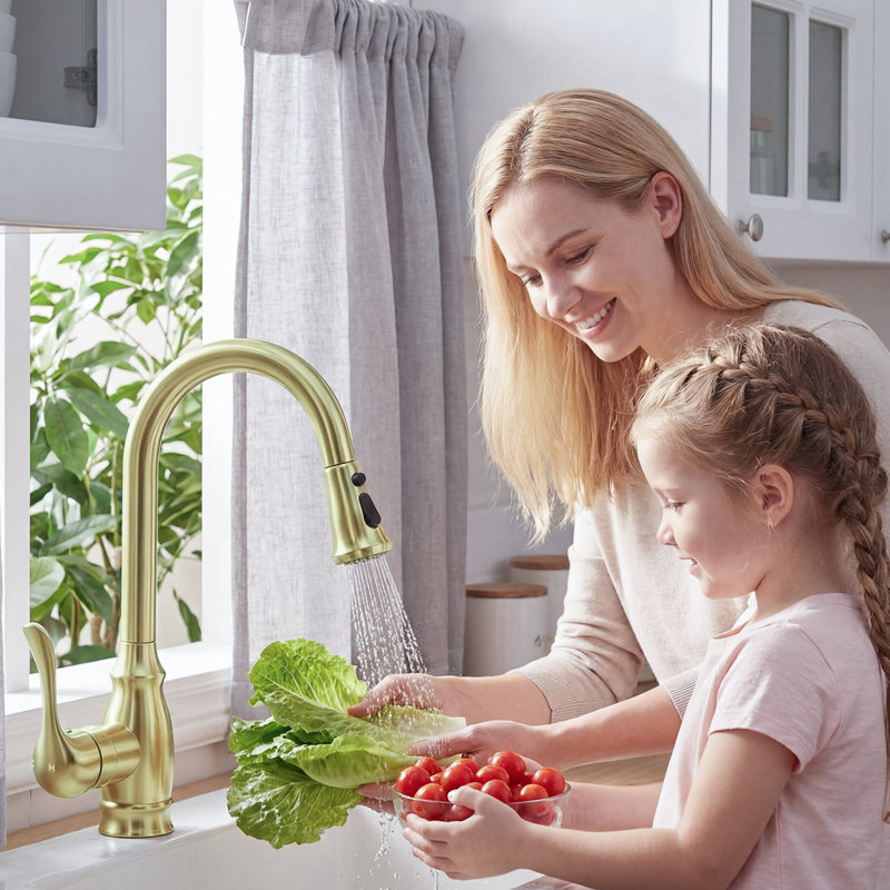 Single-handle, high-arc kitchen sink faucet with a dual-function pull-down spray; modern countertop-mounted kitchen mixer faucet, suitable for farmhouse-style kitchens.