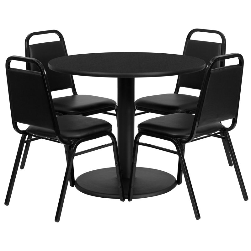 Nicklas 36'' Round Table Set with Round Base and 4 Trapezoidal Back Banquet Chairs, Black