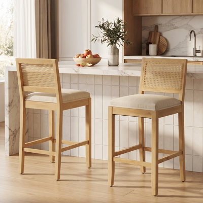 26" Rattan Counter Bar Stools Set of 2, Farmhouse Mid Century Modern Kitchen Island Chairs, Grey