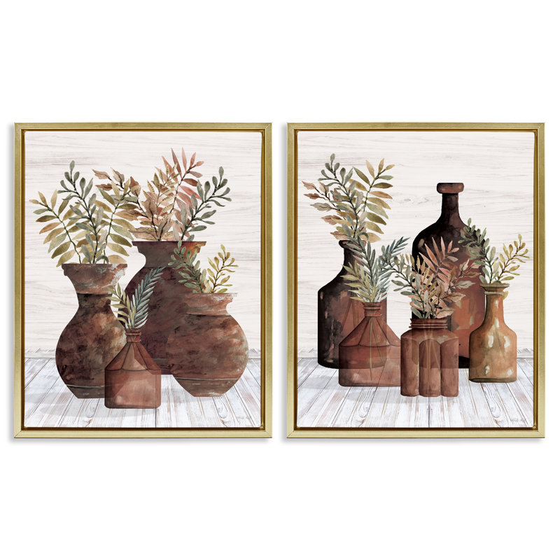 «Rustic Jars of Flowers», ensemble de 2 toiles flottantes encadrées par Cindy Jacobs, Cadre flottant métallique doré