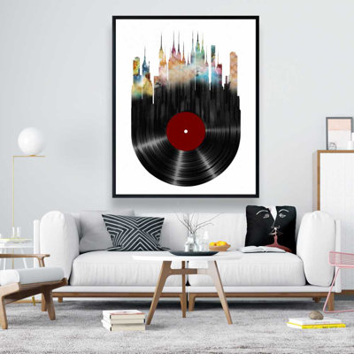 Ville abstraite sur disque de vinyle | Décoration sur toile encadrée