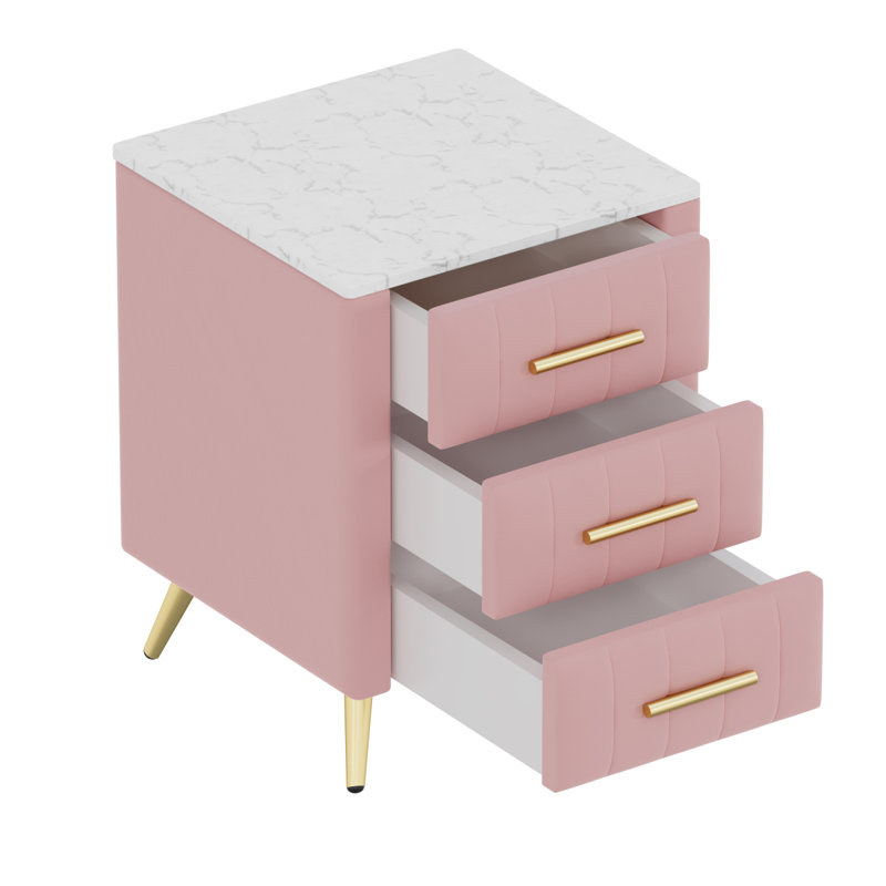 Upholstered Wooden Nightstand With 3 Drawers And Metal Legs&Handles, Bedside Table With Marbling Stickers Worktop - Pink