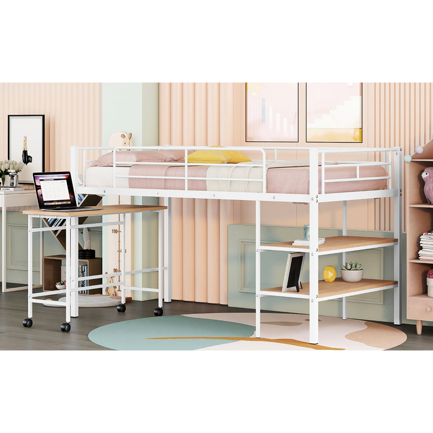 Ivy Bronx Black Twin Metal Loft Bed With Desk & Shelves. Framework ...